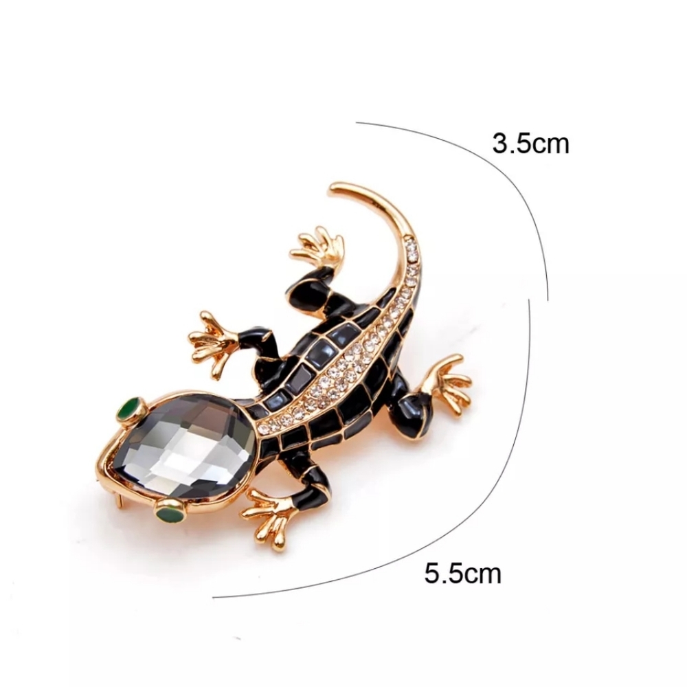 Rhinestone Gold and Black Enamel Lizard Brooch - Picture 3 of 7